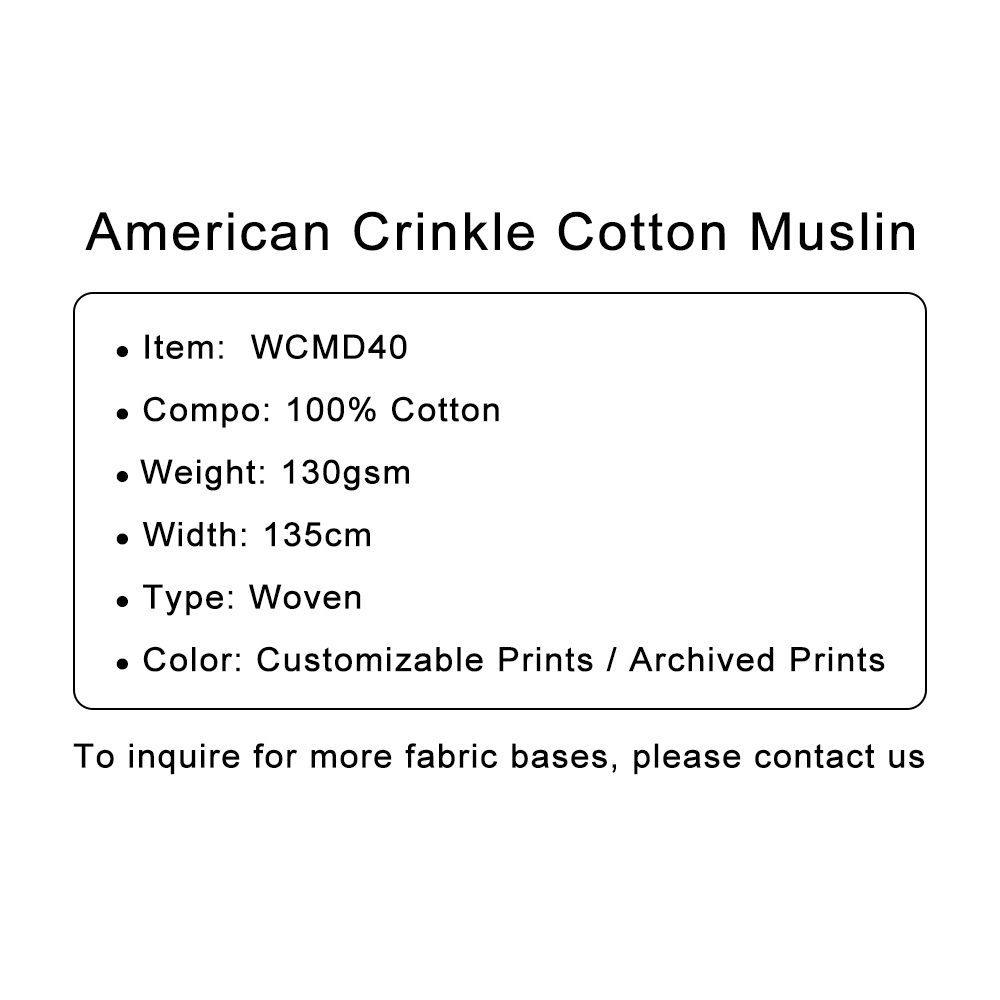 Custom Printed American Crinkle Cotton Muslin Fabric – Soft, Breathable & Perfect for Comfortable Apparel & Home Decor