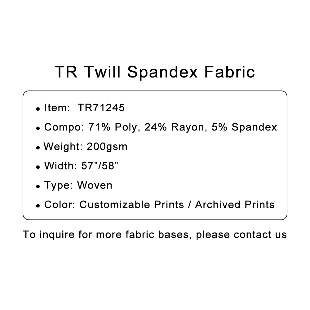 Custom Printed TR Twill Spandex Fabric – Durable, Stretchable & Versatile for Custom Apparel & Fashion Projects