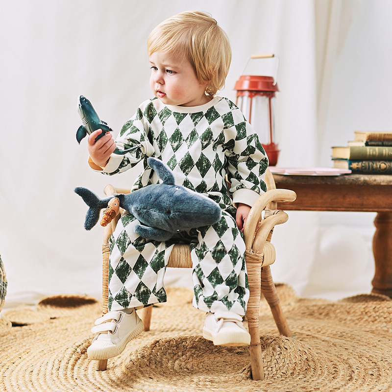 Green Check Baby Set – Soft Long Sleeves and Comfortable Pants Suit for Boys and Girls