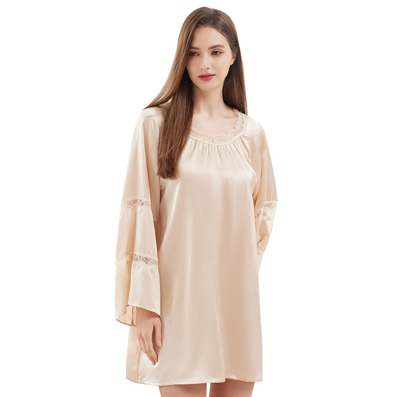 Luxury 100% Mulberry Silk Nightgown with Lace Trim-Women's Elegant Long Sleeve Sleep Dress