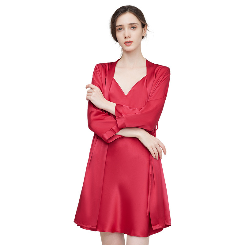 19 MM 100% Mulberry Silk Sleepwear Set–Red Luxury Sleep Robe