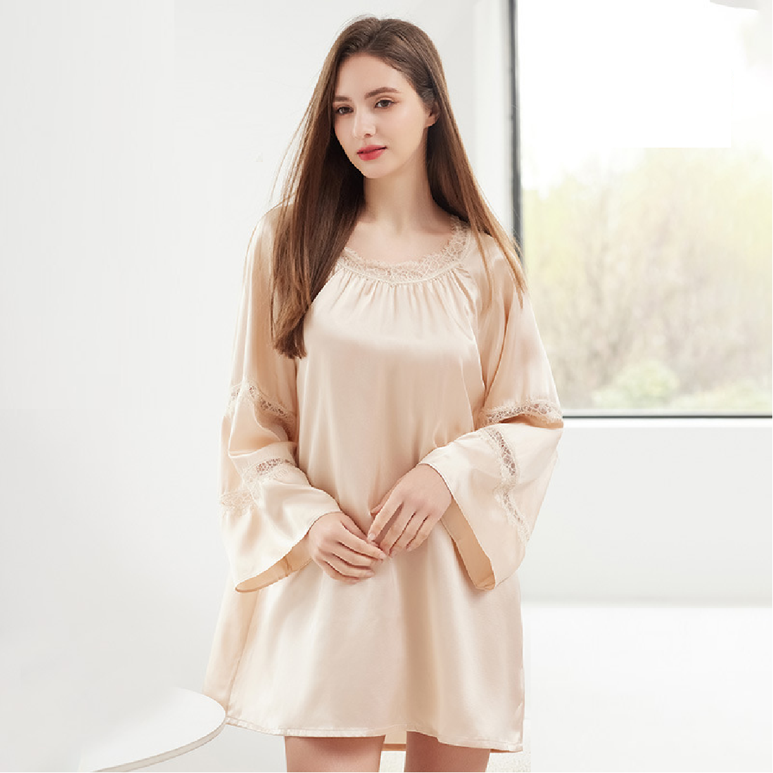 Luxury 100% Mulberry Silk Nightgown with Lace Trim-Women's Elegant Long Sleeve Sleep Dress