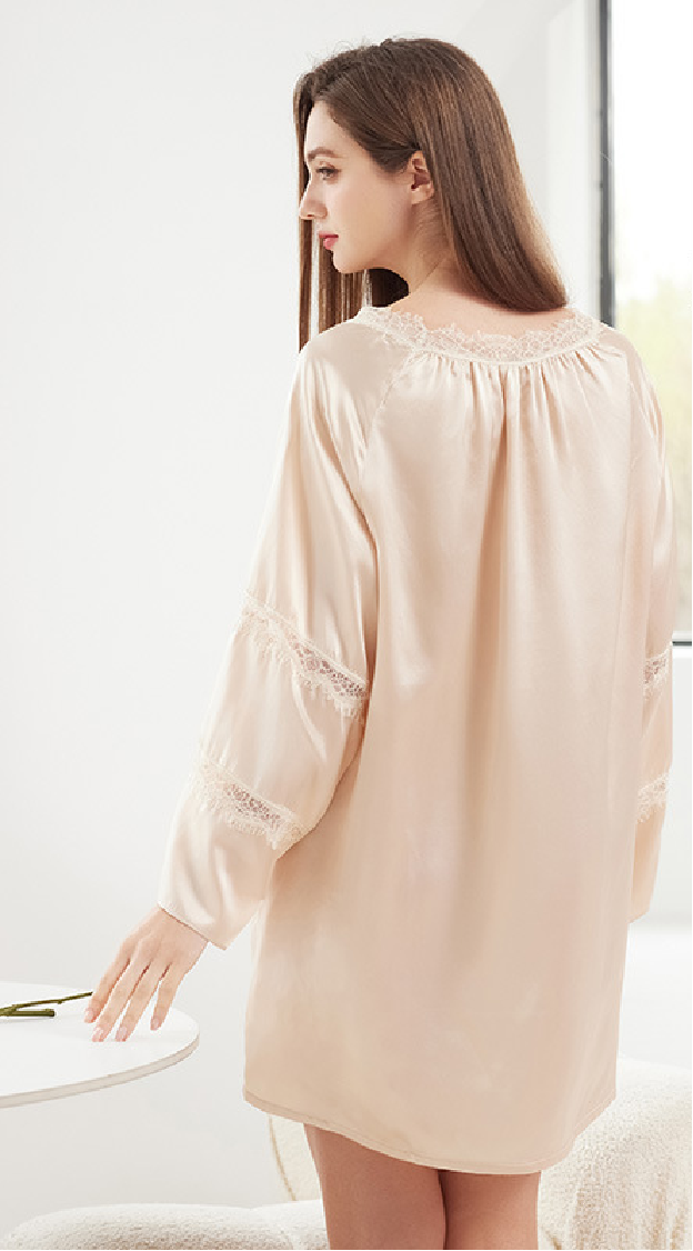 Luxury 100% Mulberry Silk Nightgown with Lace Trim-Women's Elegant Long Sleeve Sleep Dress