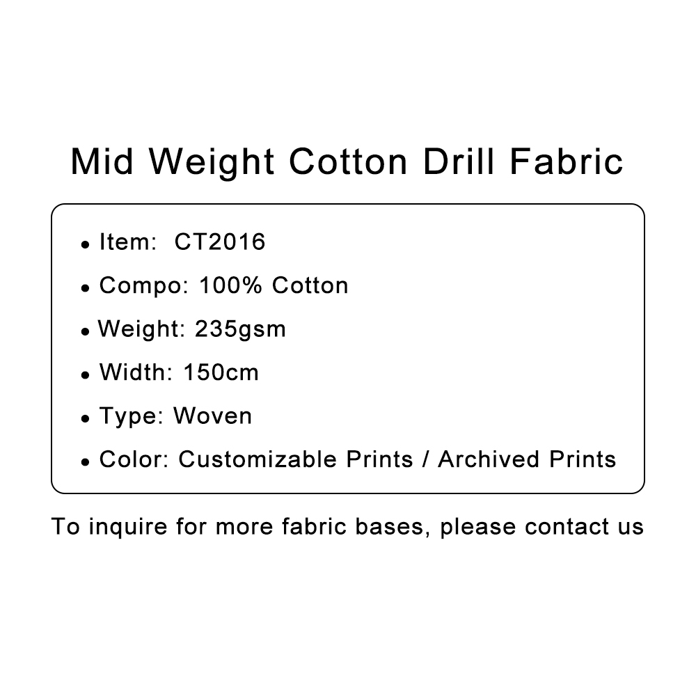 Custom Printed Mid Weight Cotton Drill Fabric – Durable, Structured & Customizable for Functional Fashion & Workwear