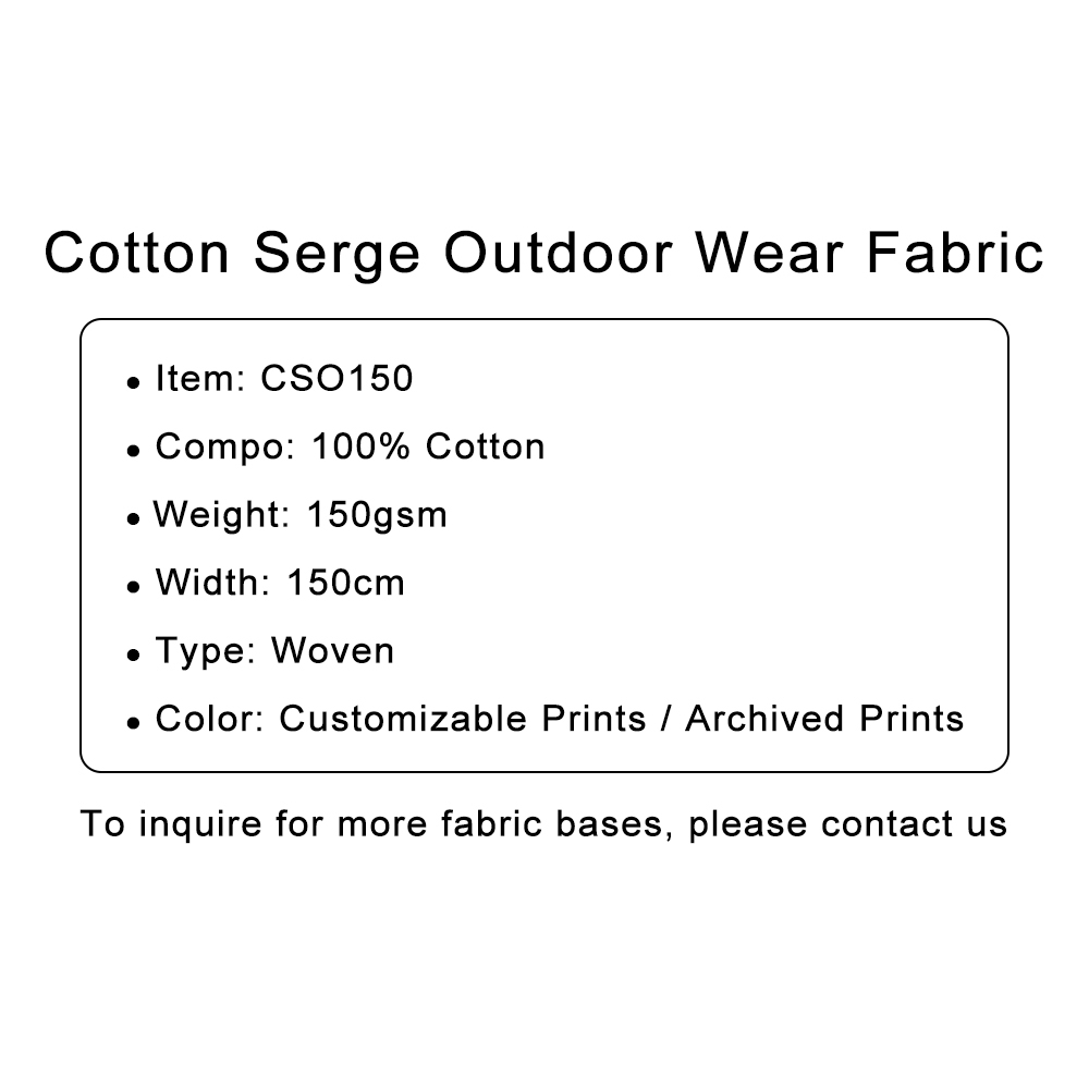 Custom Printed Cotton Serge Outdoor Wear Fabric – Durable, Breathable & Personalized for Stylish Outerwear & Utility Fashion