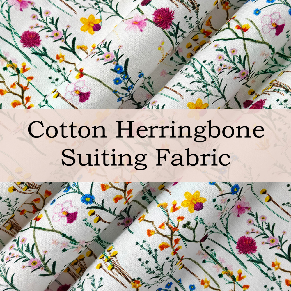 Custom Printed Cotton Herringbone Suiting Fabric – Lightweight, Textured & Personalized for Tailored Suits & Classic Apparel