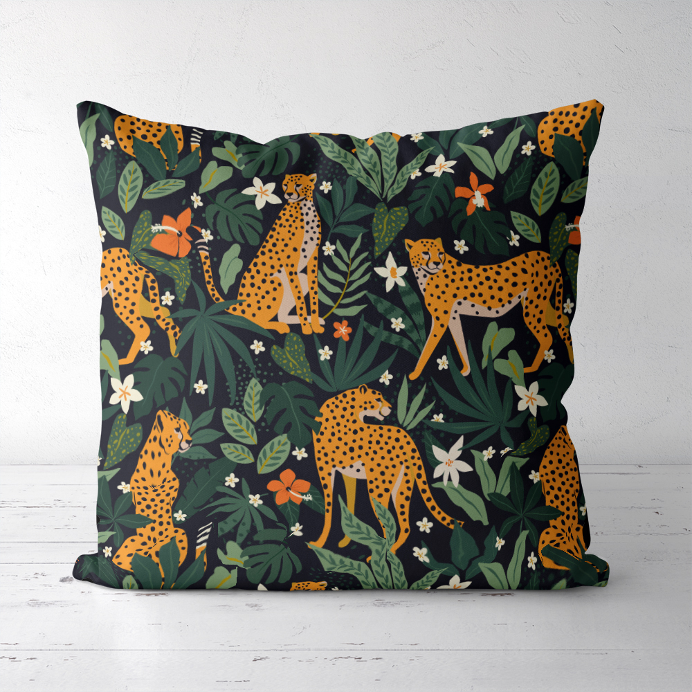 Throw Pillow – Leopards Flowers Tropical Leaves Pattern