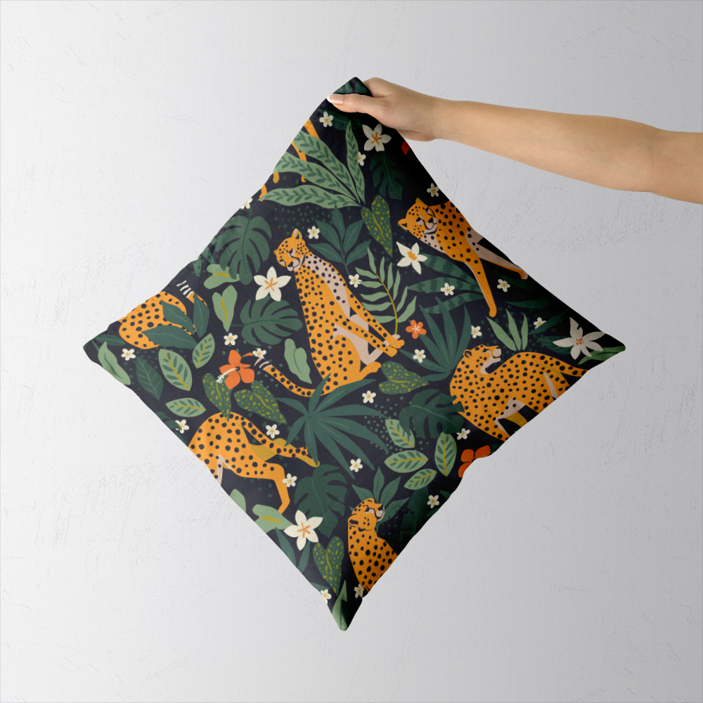 Throw Pillow – Leopards Flowers Tropical Leaves Pattern