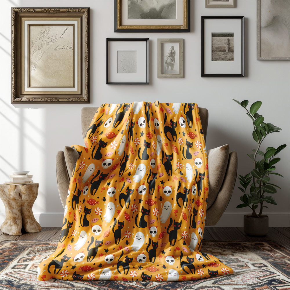 Throw Blanket – Halloween Pattern With Cute Black Cats Candy and Ghost