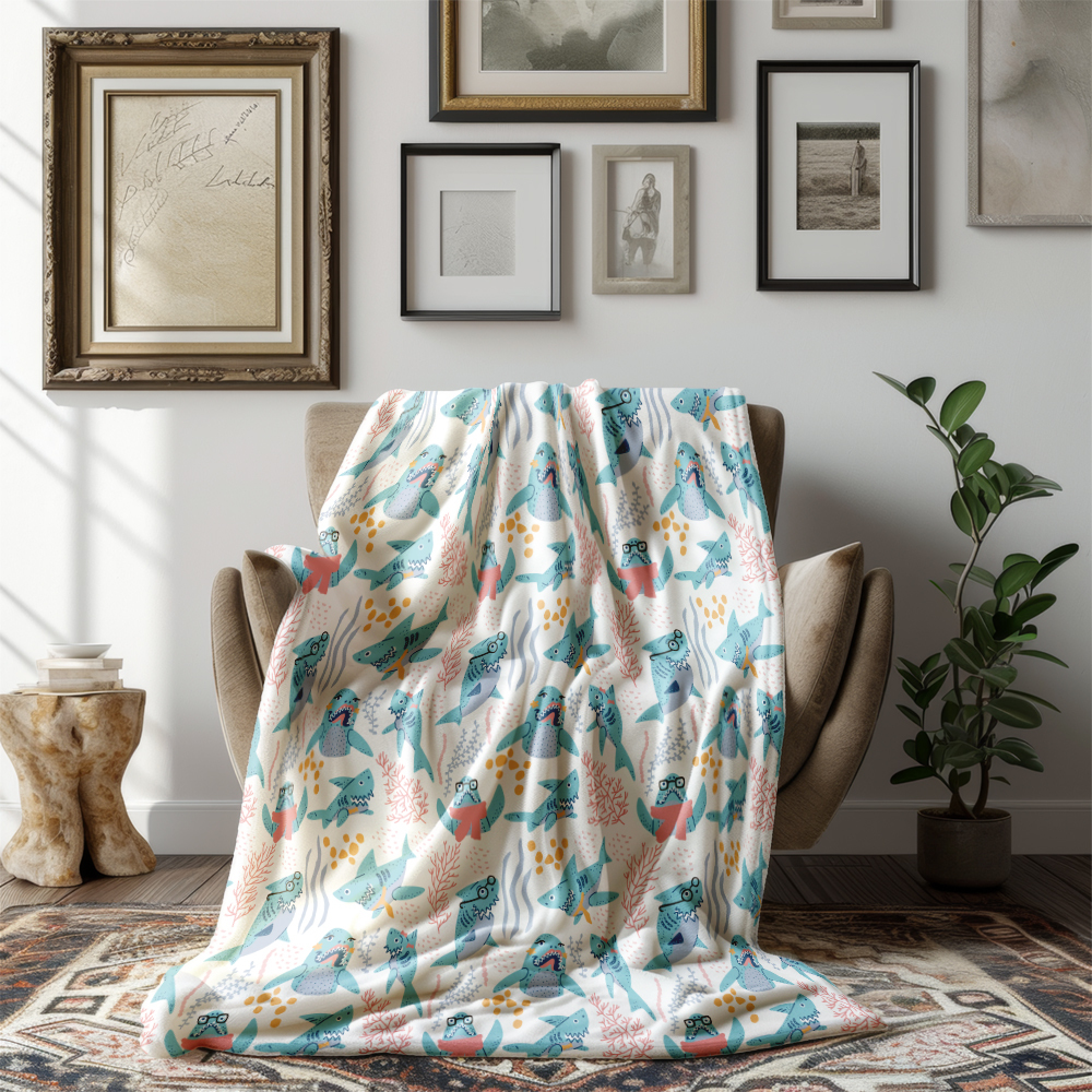 Throw Blanket – Cute Cartoon Graffiti Sharks With Glasses