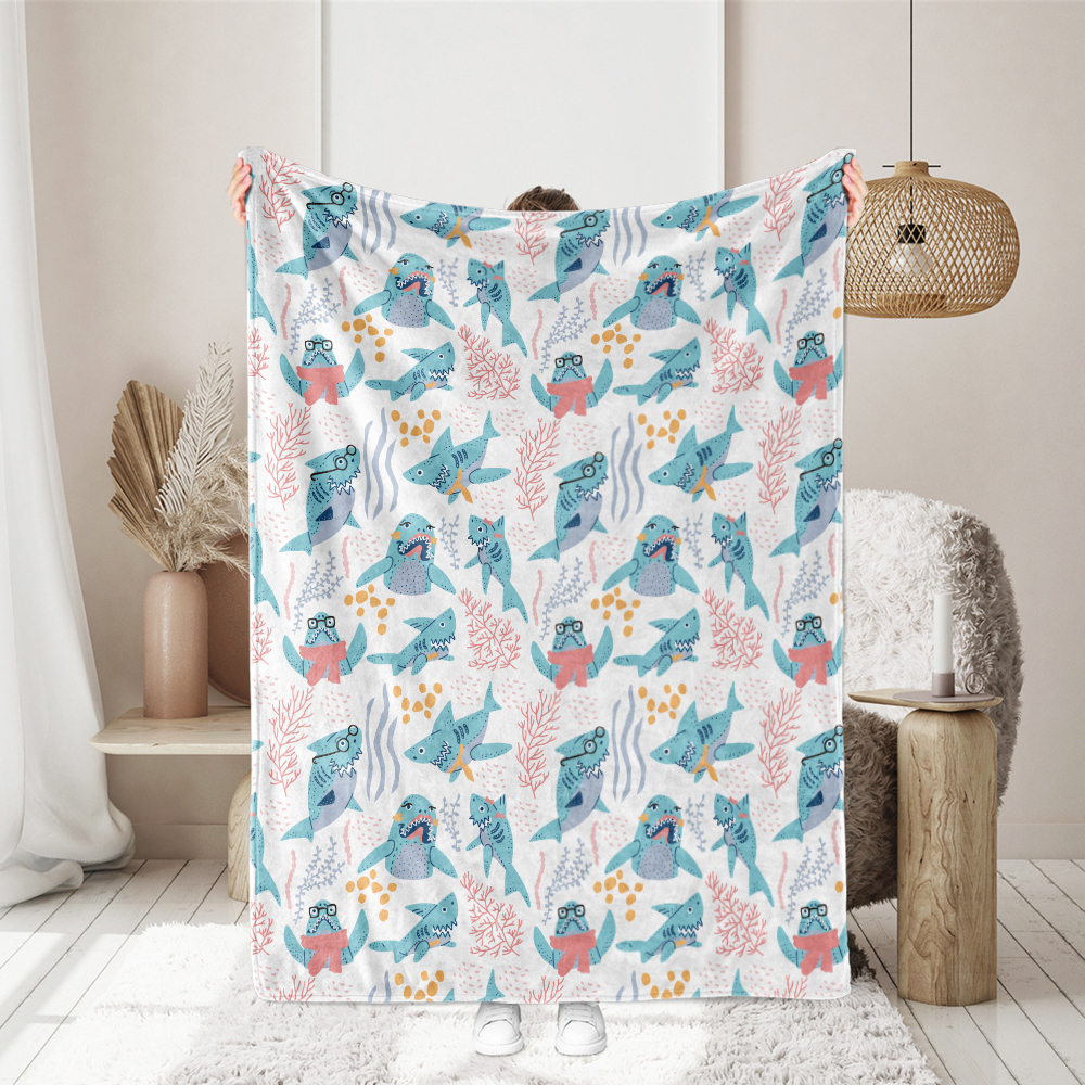 Throw Blanket – Cute Cartoon Graffiti Sharks With Glasses