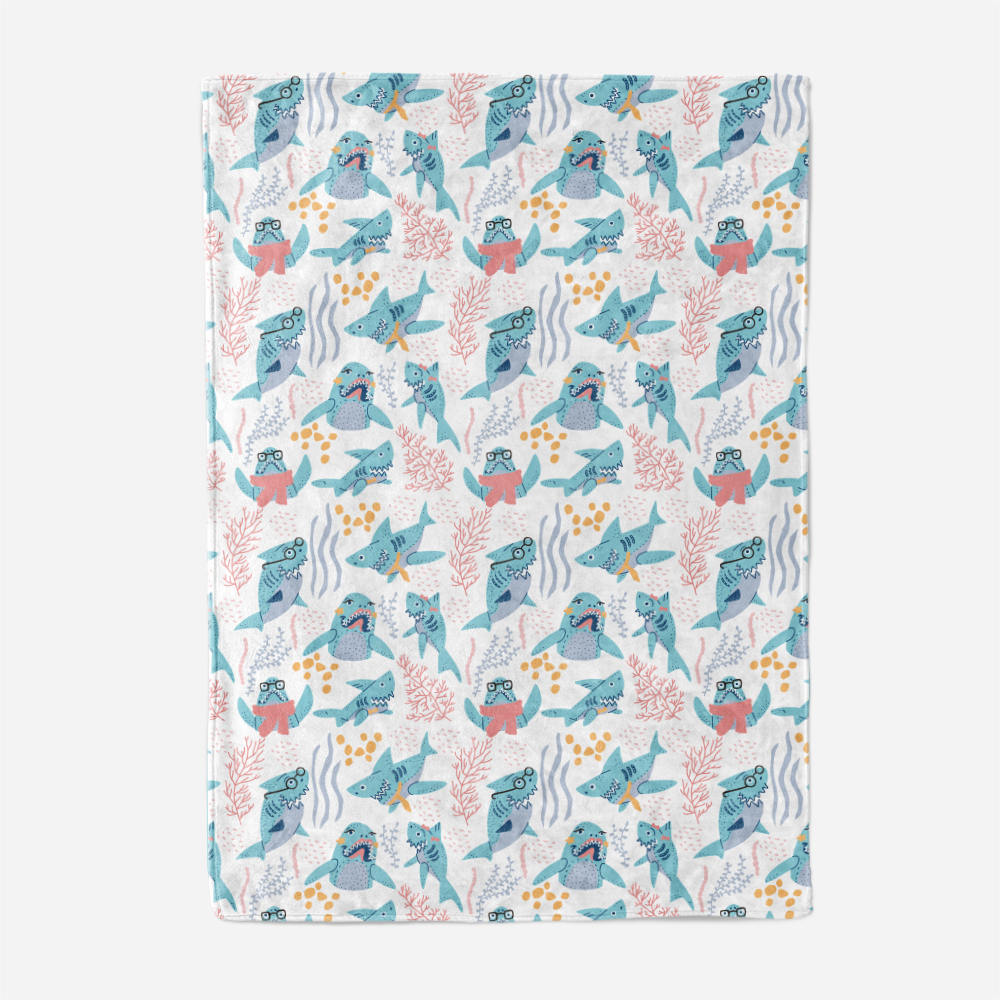 Throw Blanket – Cute Cartoon Graffiti Sharks With Glasses