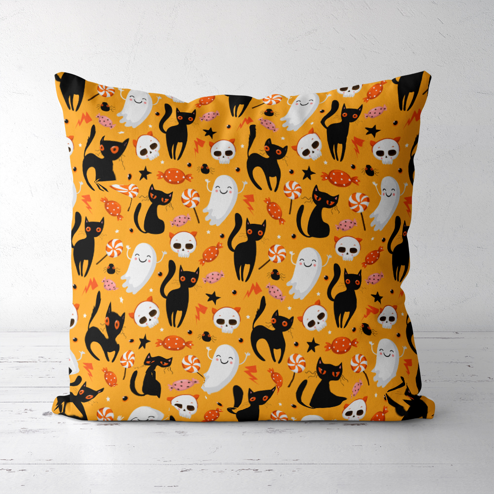 Throw Pillow – Halloween Pattern With Cute Black Cats Candy and Ghost