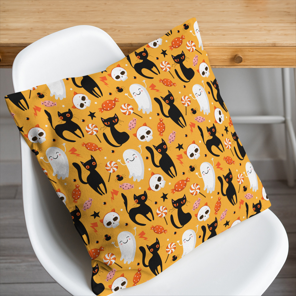 Throw Pillow – Halloween Pattern With Cute Black Cats Candy and Ghost