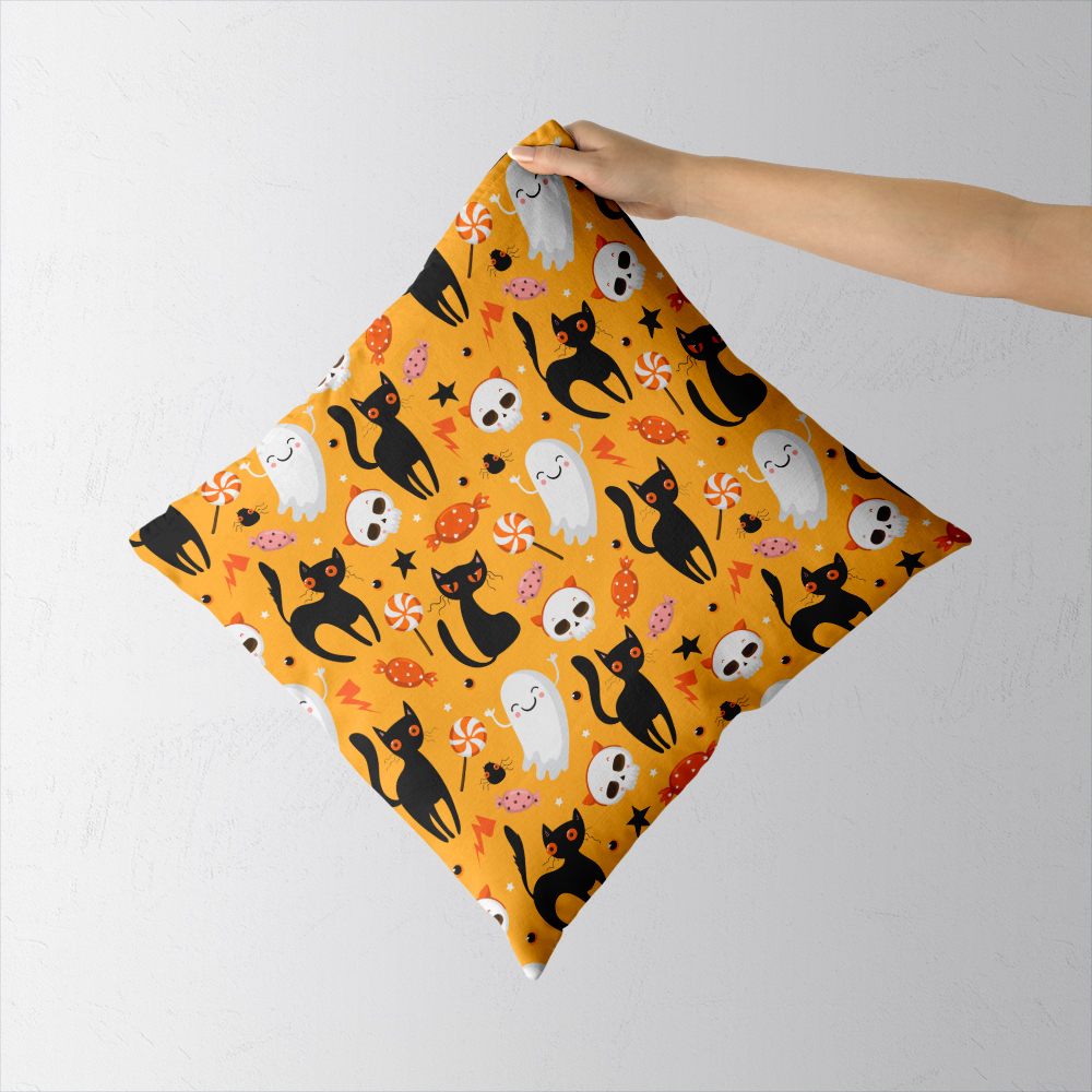 Throw Pillow – Halloween Pattern With Cute Black Cats Candy and Ghost
