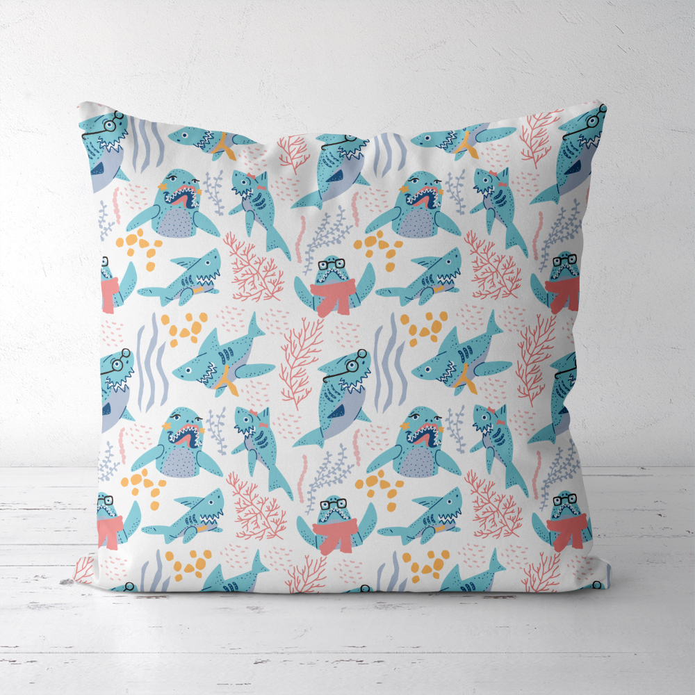 Throw Pillow – Cute Cartoon Graffiti Sharks With Glasses
