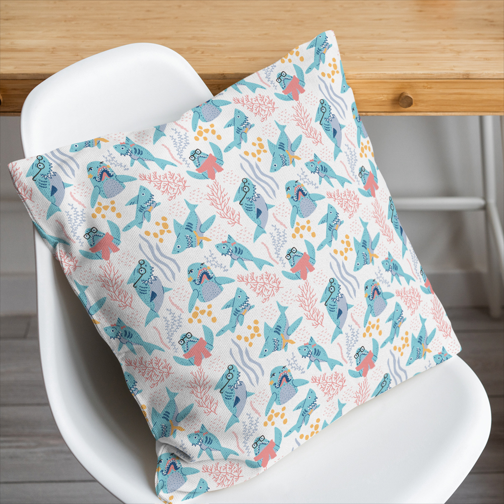 Throw Pillow – Cute Cartoon Graffiti Sharks With Glasses