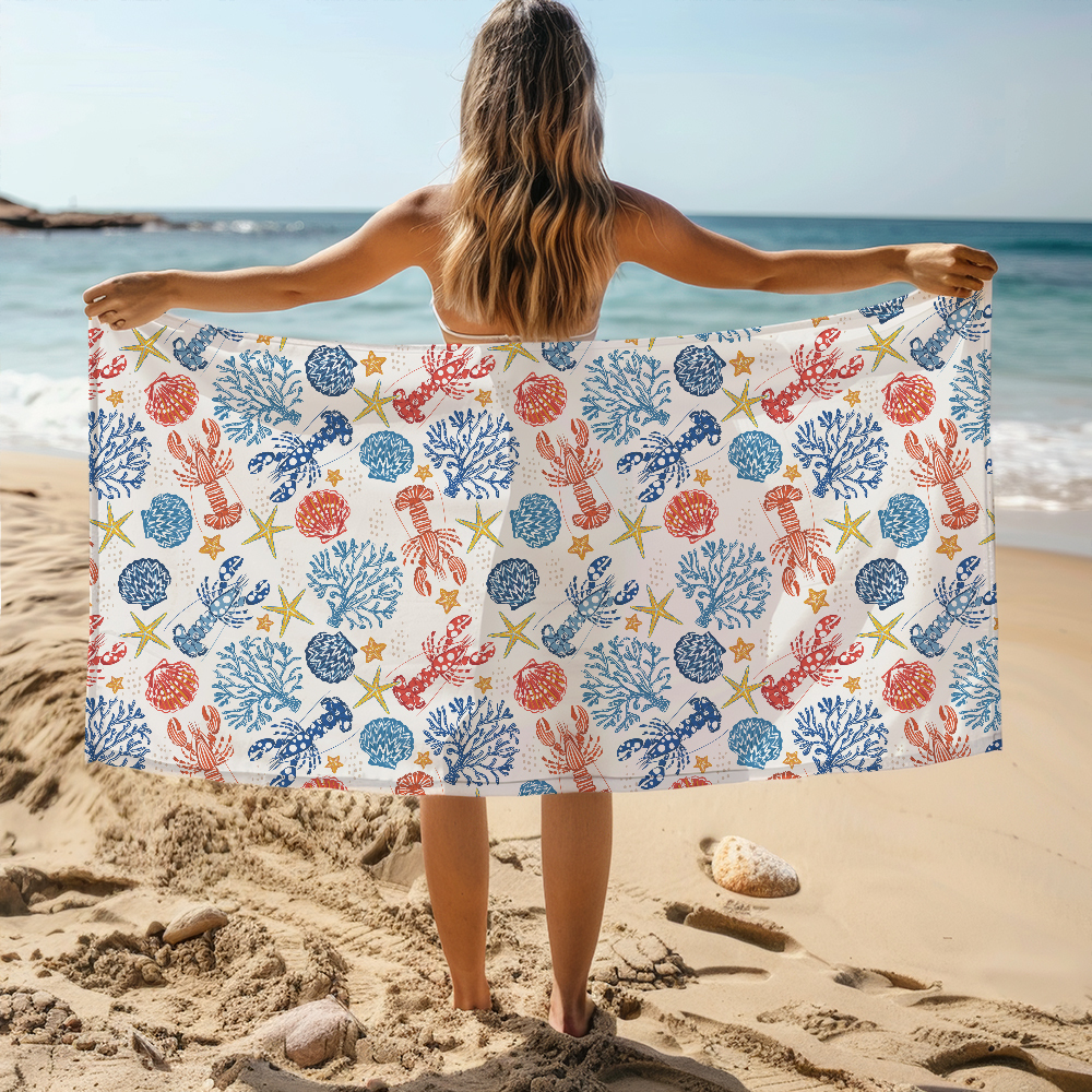 Beach Towel – Sea Life Pattern With Lobsters Corals Seaweed Shells and Starfish
