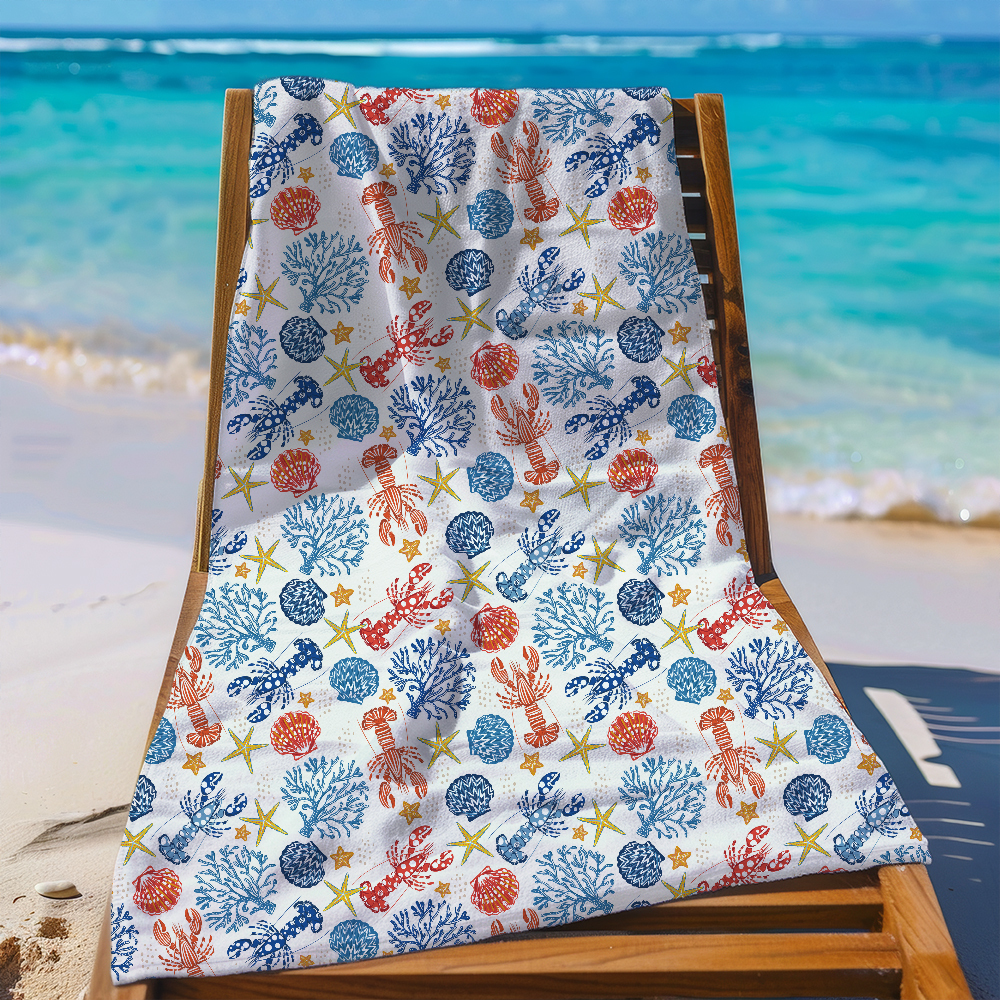 Beach Towel – Sea Life Pattern With Lobsters Corals Seaweed Shells and Starfish
