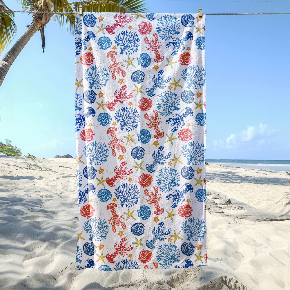 Beach Towel – Sea Life Pattern With Lobsters Corals Seaweed Shells and Starfish