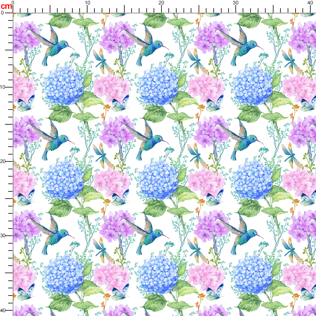 Vibrant Hydrangea Flowers and Hummingbird Print Fabric - Tailored Seamless Designs for Fabric Use