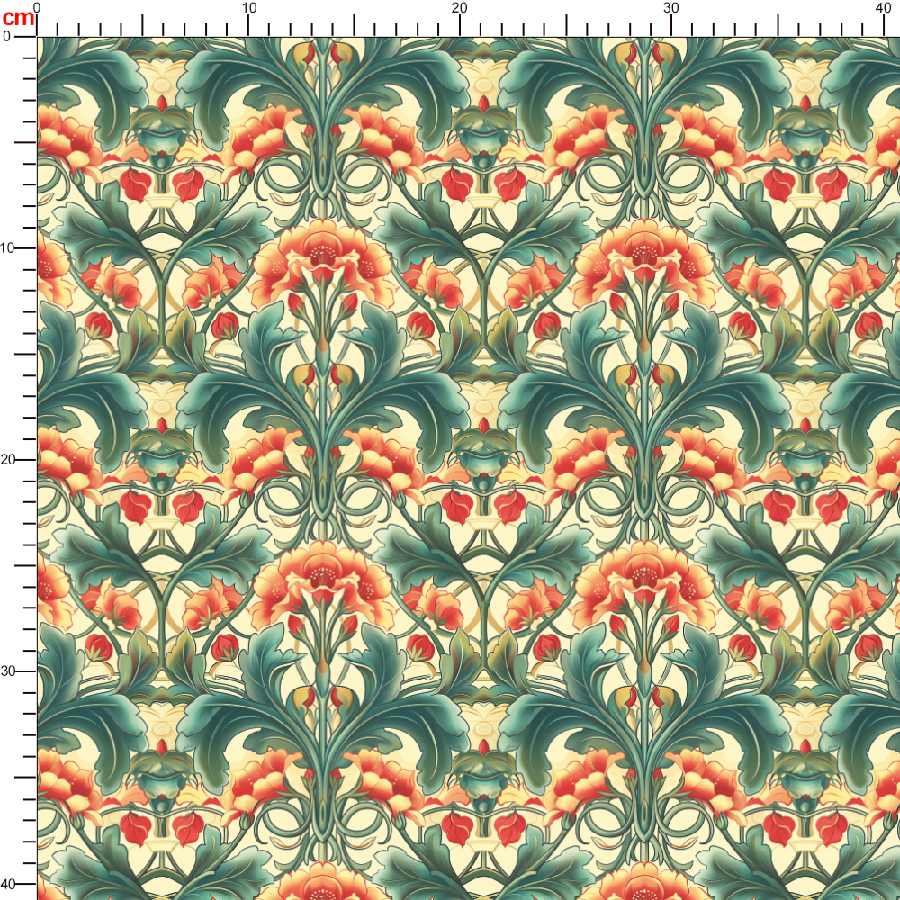 Vintage Art Nouveau Liberty Floral Fabric Featuring Opulent Blossoms and Exaggerated Green Foliage – Custom Print Fabrics