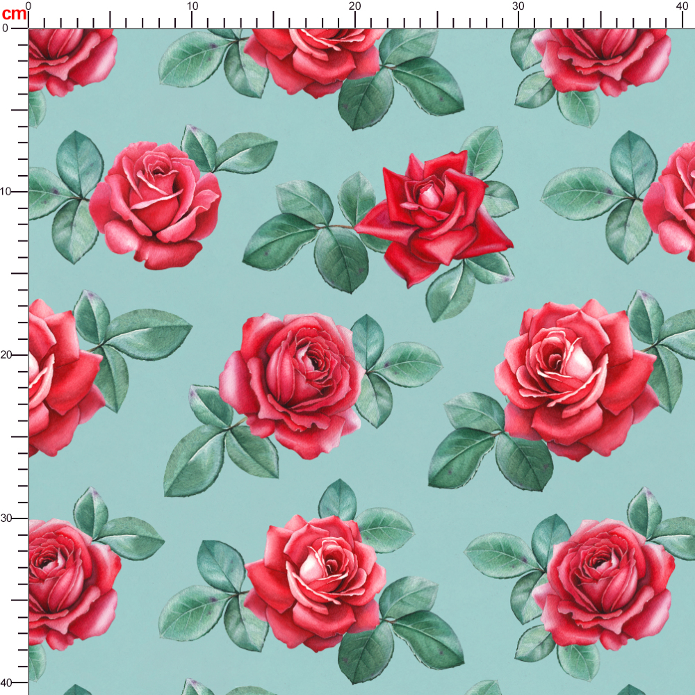 Elegant Vintage Green Background Red Rose Liberty Floral Print – Custom Printed Fabric