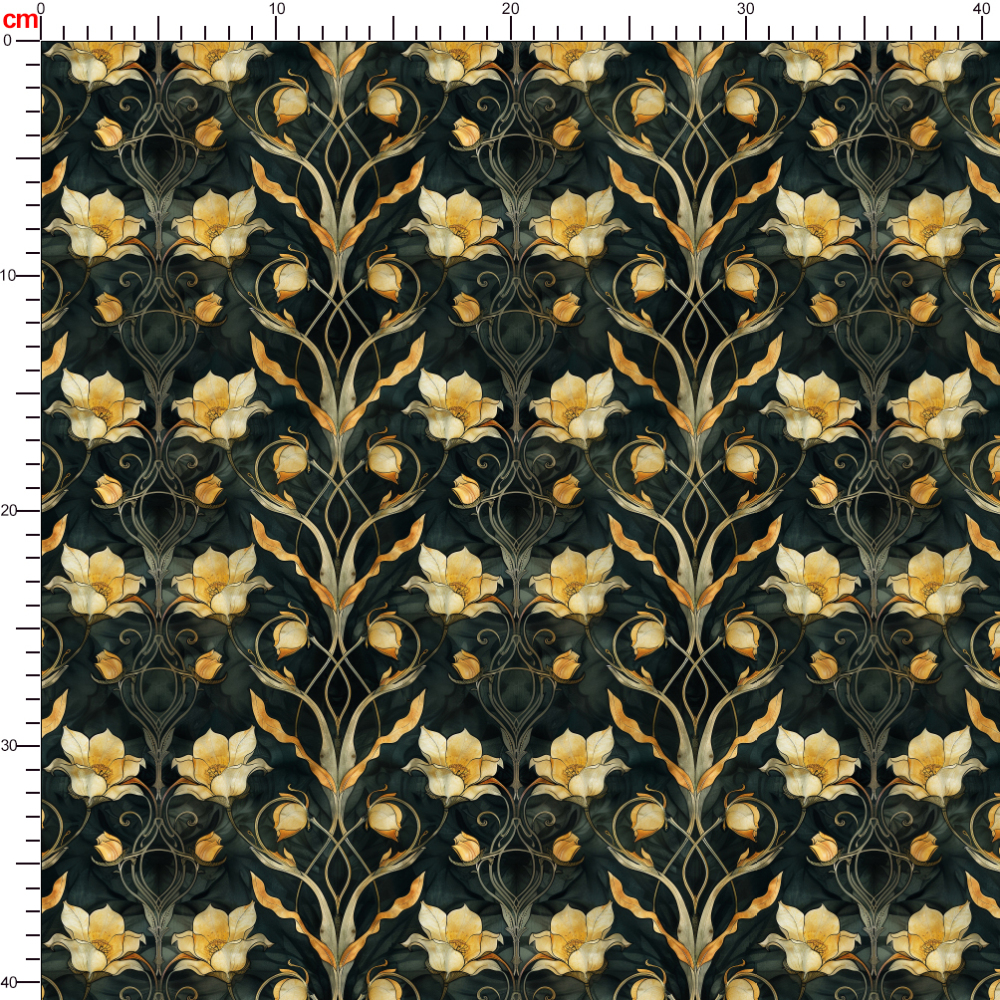 Romantic Retro Liberty Floral Fabric with Delicate Elegant Golden Flowers on a Deep Green Background – Custom Print Fabrics