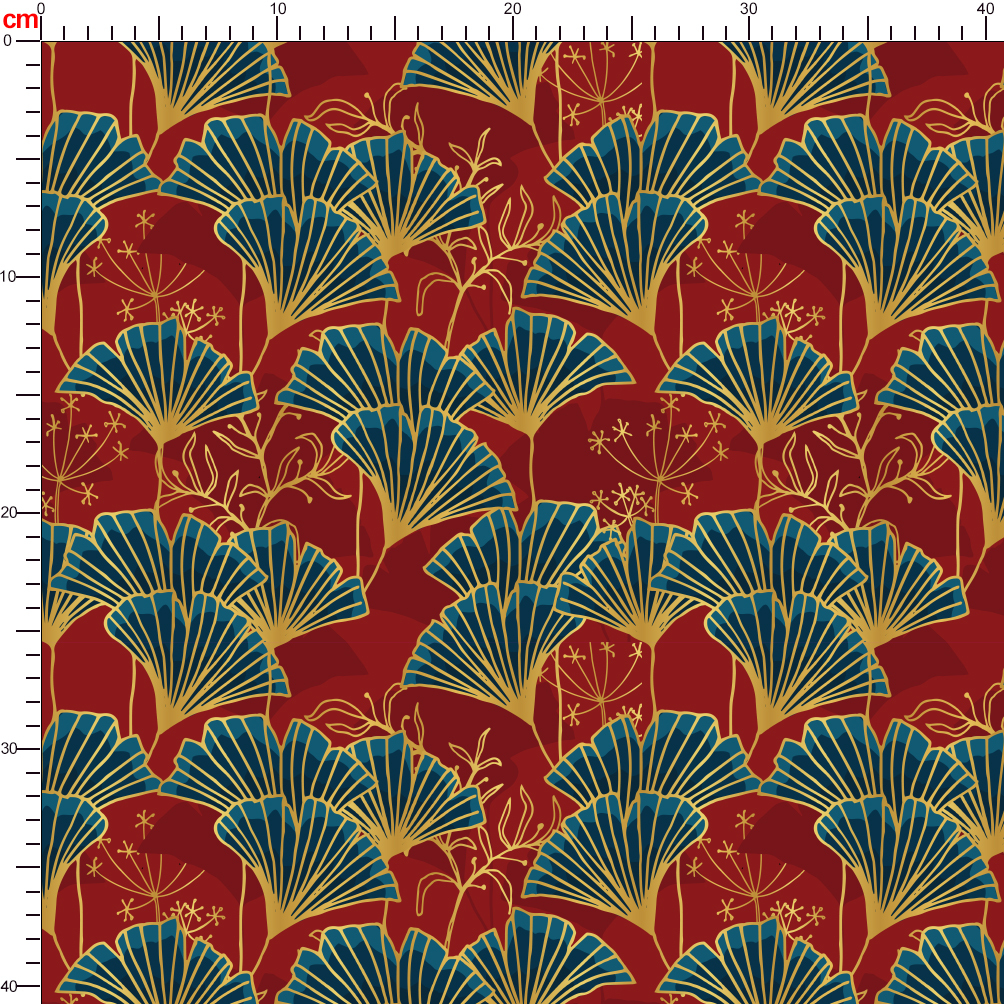 Blue Ginkgo Leaves with Gold Outline on Red Background – Custom Print Fabrics