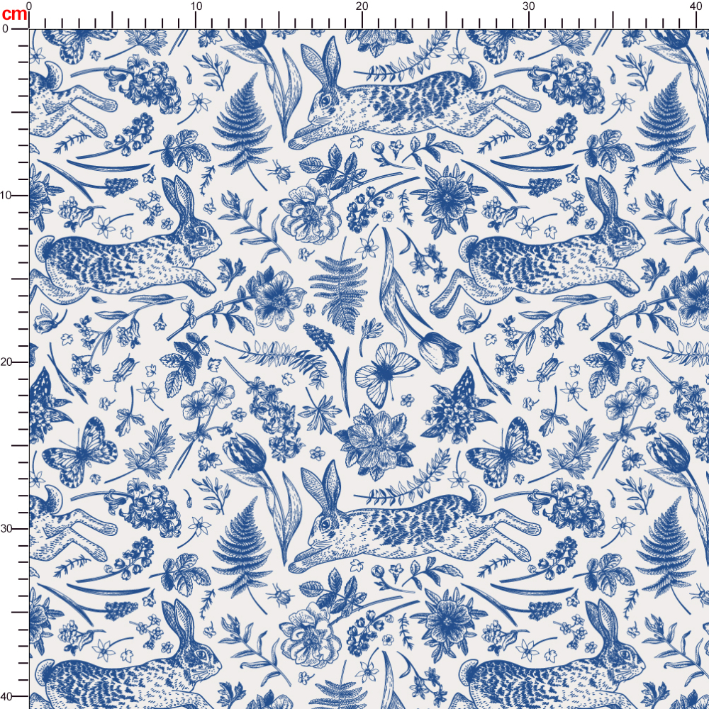 Rabbits And Plants Hand - Painted Blue Seamless Pattern - Custom Print Fabrics