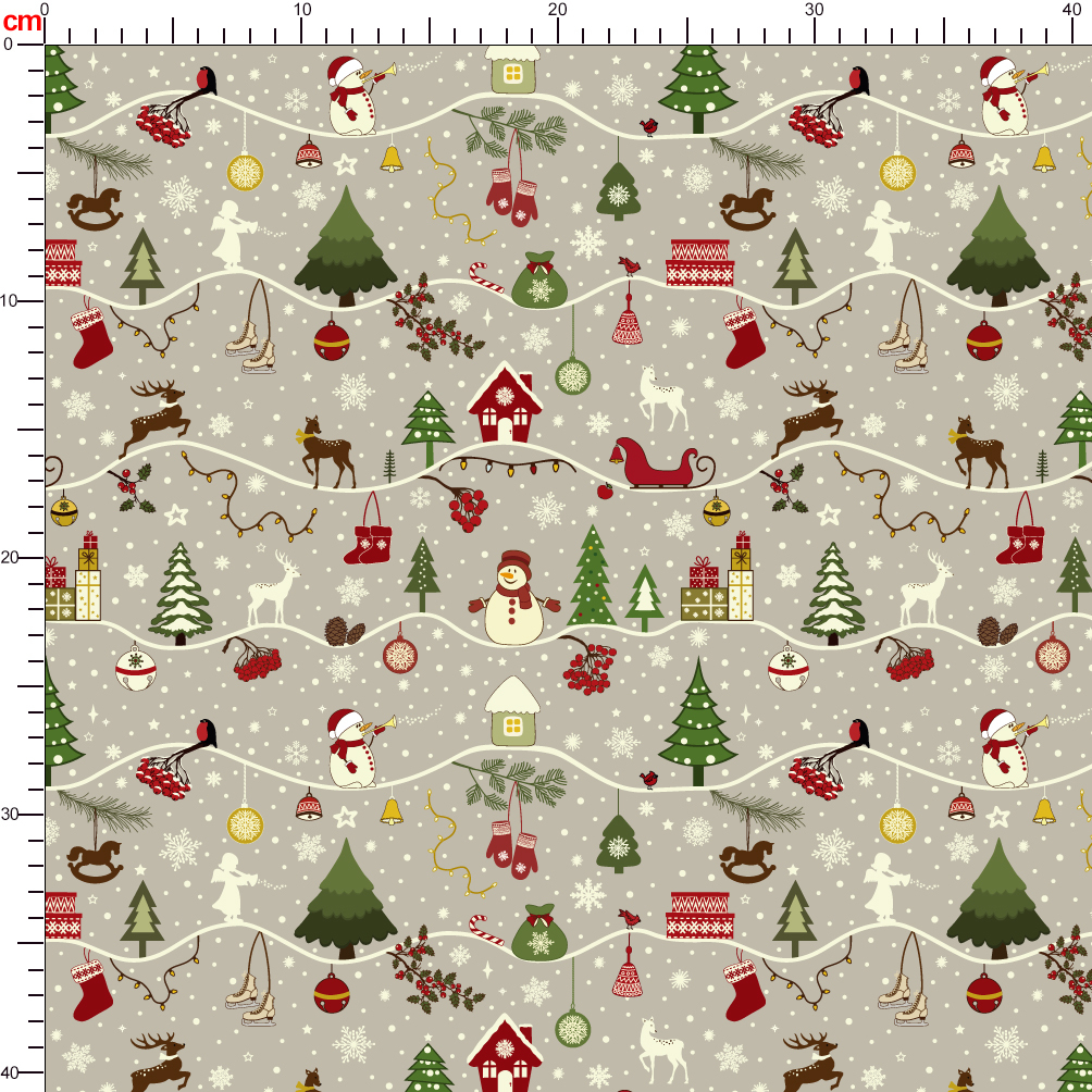 Christmas Firs Sledges Gloves Presents Snowmen Snowflakes Seamless Patten on Grey Background - Custom Print Fabrics
