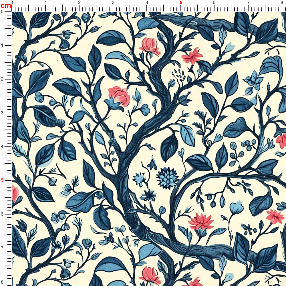 William Morris-Inspired Curved Tree Branch with Fantastic Liberty Flower and Leaves – Custom Print Fabrics