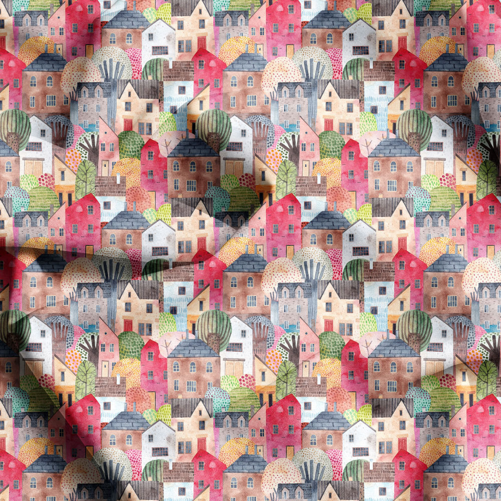 Liberty Country House Watercolor Painting Fabric, Personalized Repeat Patterns for Custom Creations