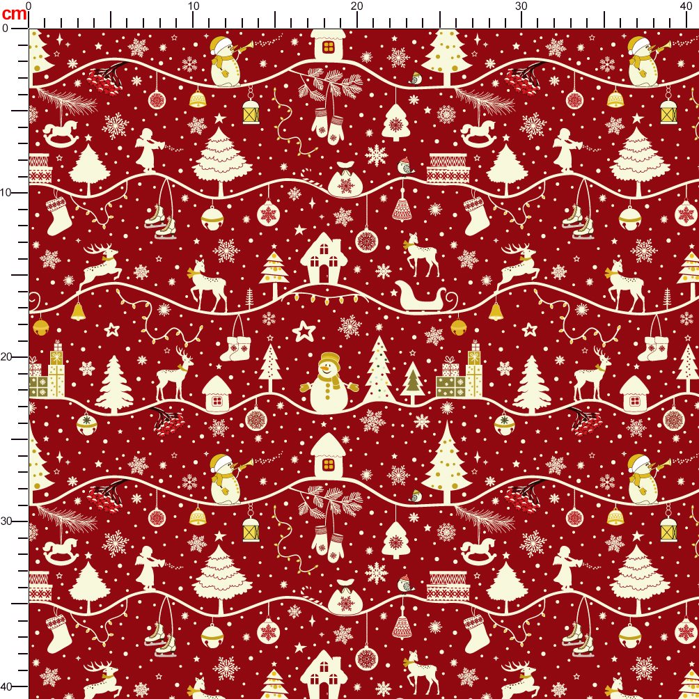 Christmas Firs Sledges Gloves Presents Snowmen Snowflakes Seamless Patten on Red Background - Custom Print Fabrics