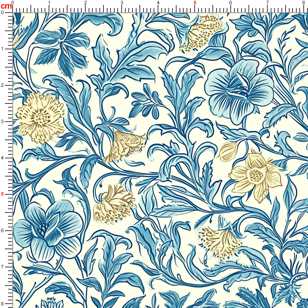 William Morris-Inspired Vintage Blue Leaves with Yellow Liberty Flowers Pattern Fabric – Custom Print Fabrics