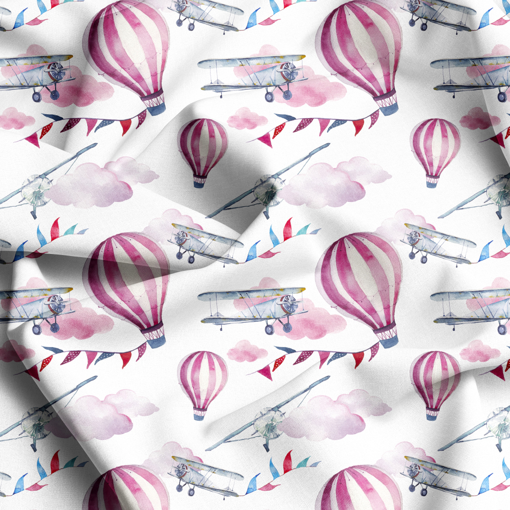 Custom Cartoon-Style Fabrics with Airplane and Hot Air Balloon, Vibrant Seamless Prints for Every Project