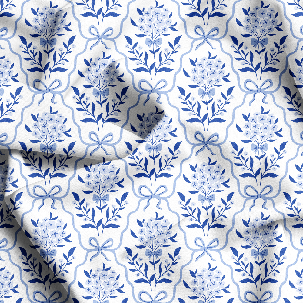 Seamless Liberty Botanical Classic Blue Bow and Flowers Fabric Printing, Elegant Fabric Solutions