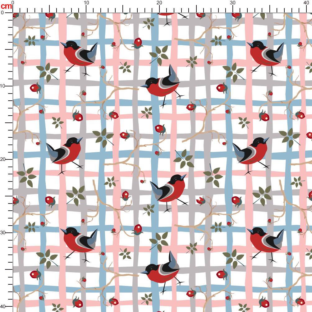 Funny Little Red Bullfinch Bird On a Hand - drawn Grid Seamless Pattern - Custom Print Fabrics