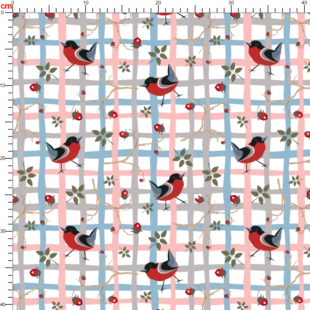 Funny Little Red Bullfinch Bird On a Hand - drawn Grid Seamless Pattern - Custom Print Fabrics