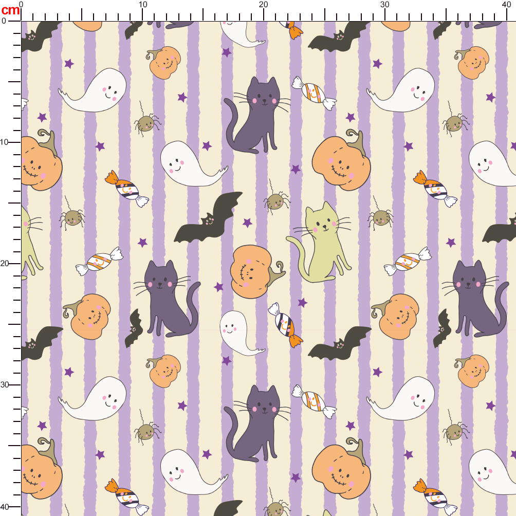 Halloween Cute Kawaii Design With Cats Ghosts Pumpkins Candy Bats And a Striped Background - Custom Print Fabrics