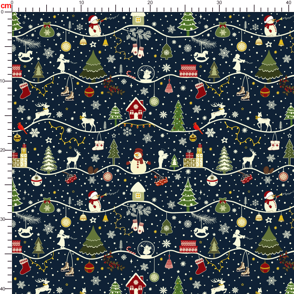 Christmas Firs Sledges Gloves Presents Snowmen Snowflakes Seamless Patten on Dark Blue Background - Custom Print Fabrics