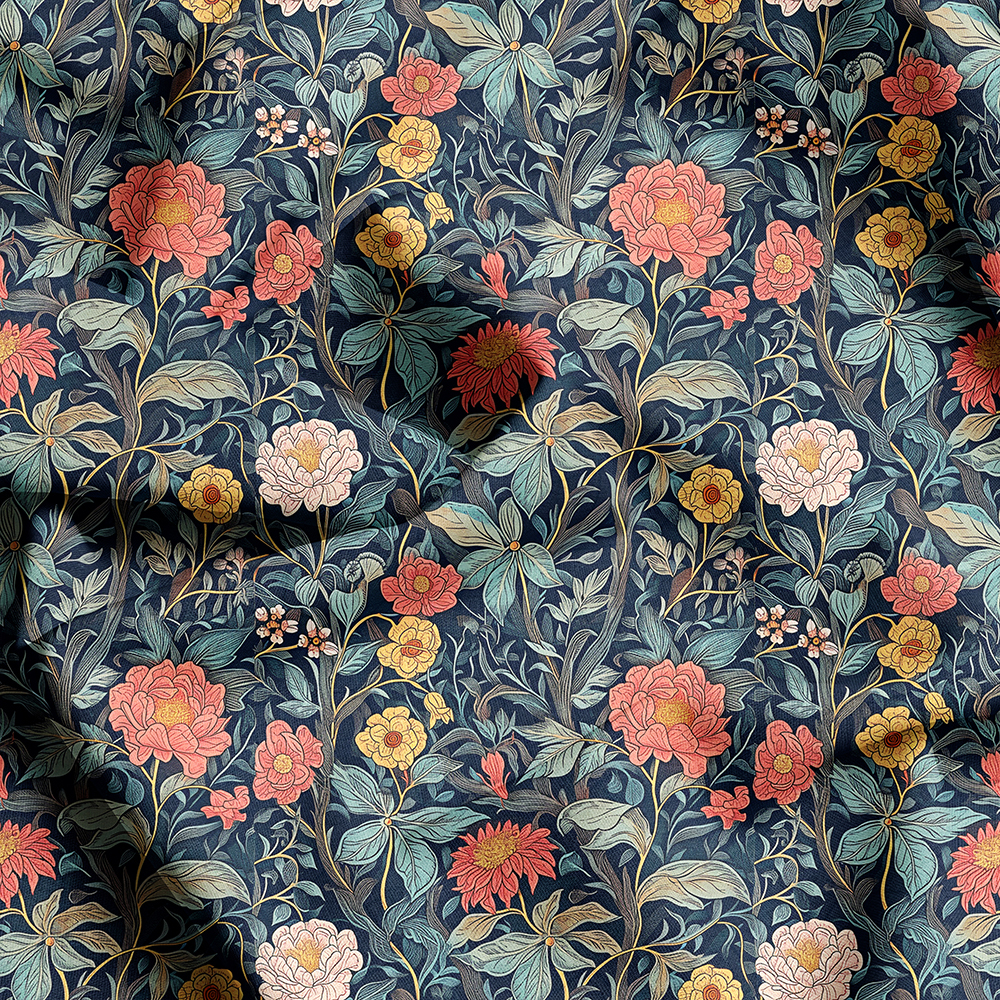 William Morris-Inspired Charming Colored Flowers and Leaves Pattern Fabric – Custom Print Fabrics