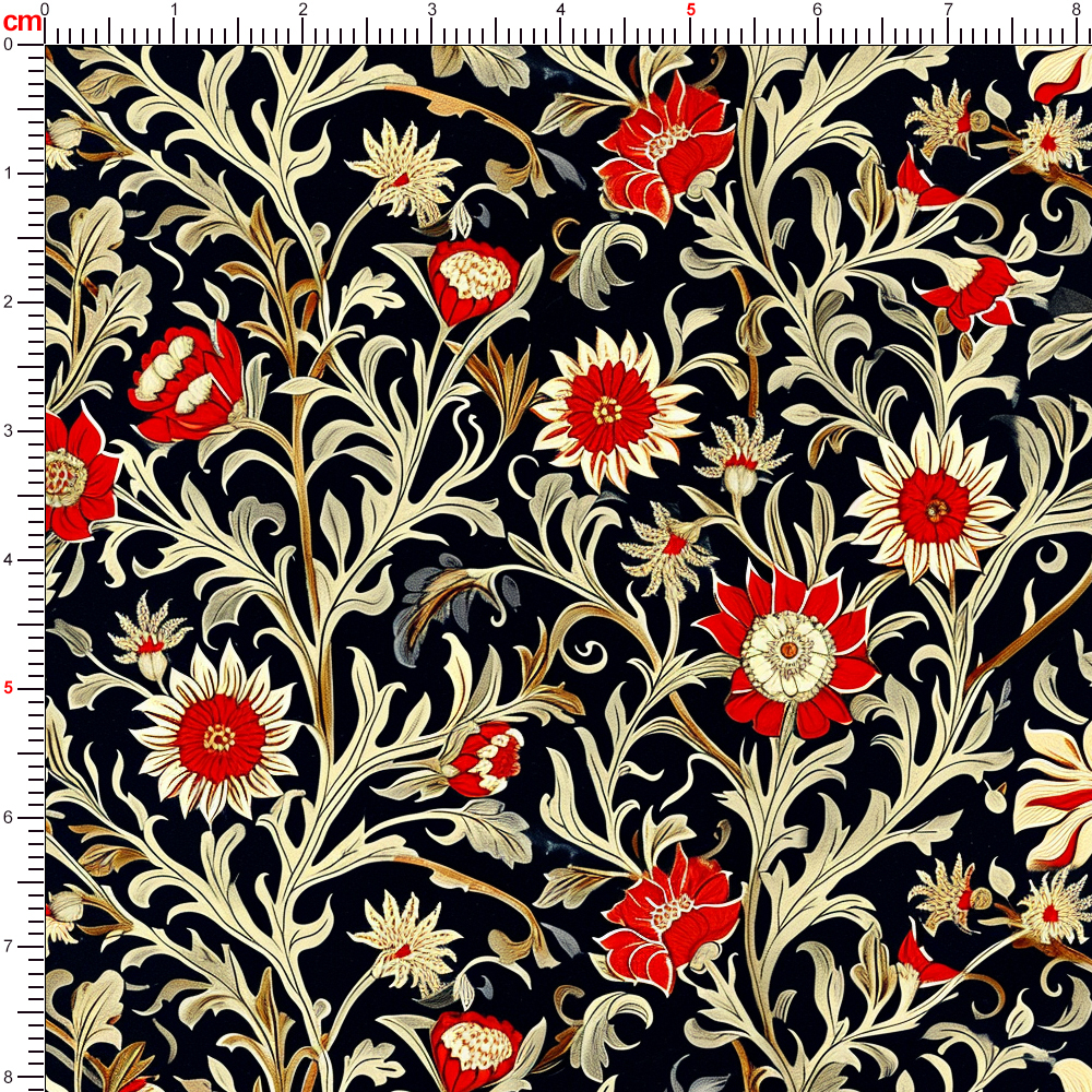 William Morris Vintage Liberty Floral with Striking Vibrant Flowers and Graceful Branches on a Black Background Fabric – Custom Print Fabrics
