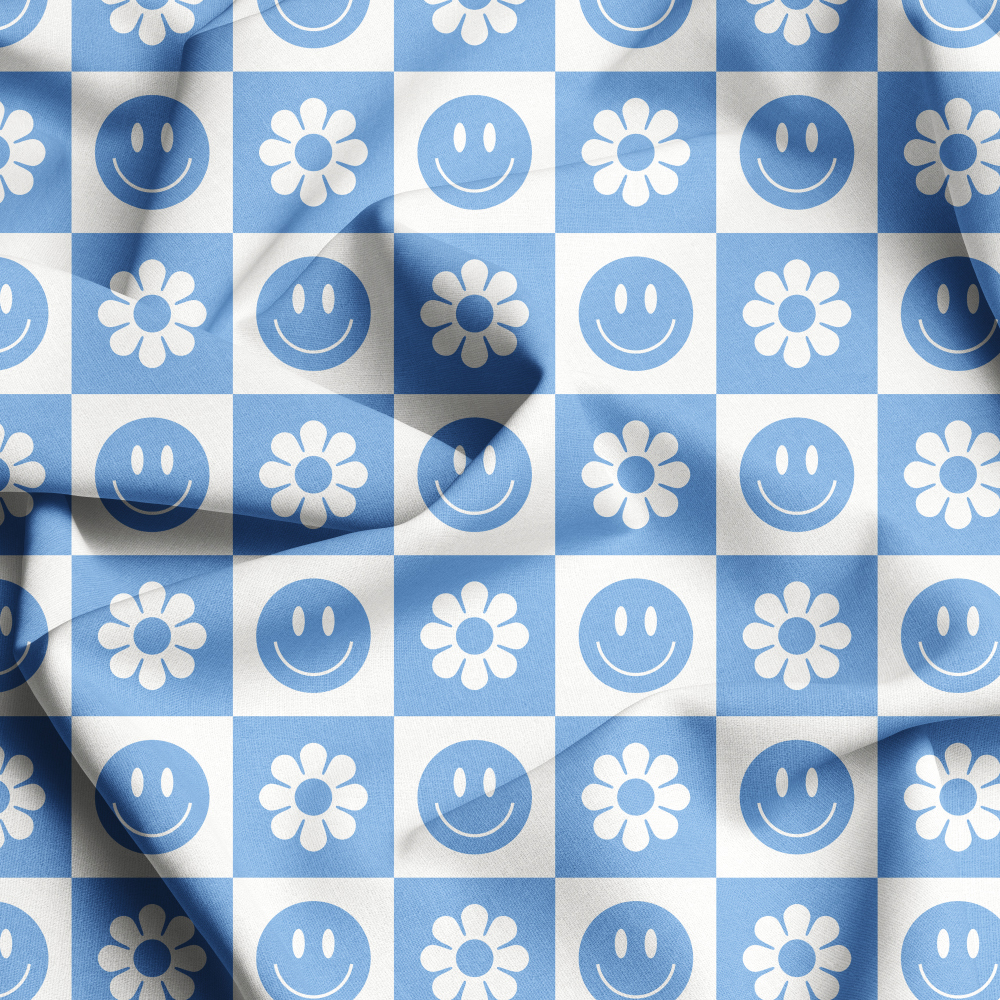 Groovy Blue Smiley Seamless Pattern Fabric, Personalized Fabric Printing by Prinstitch