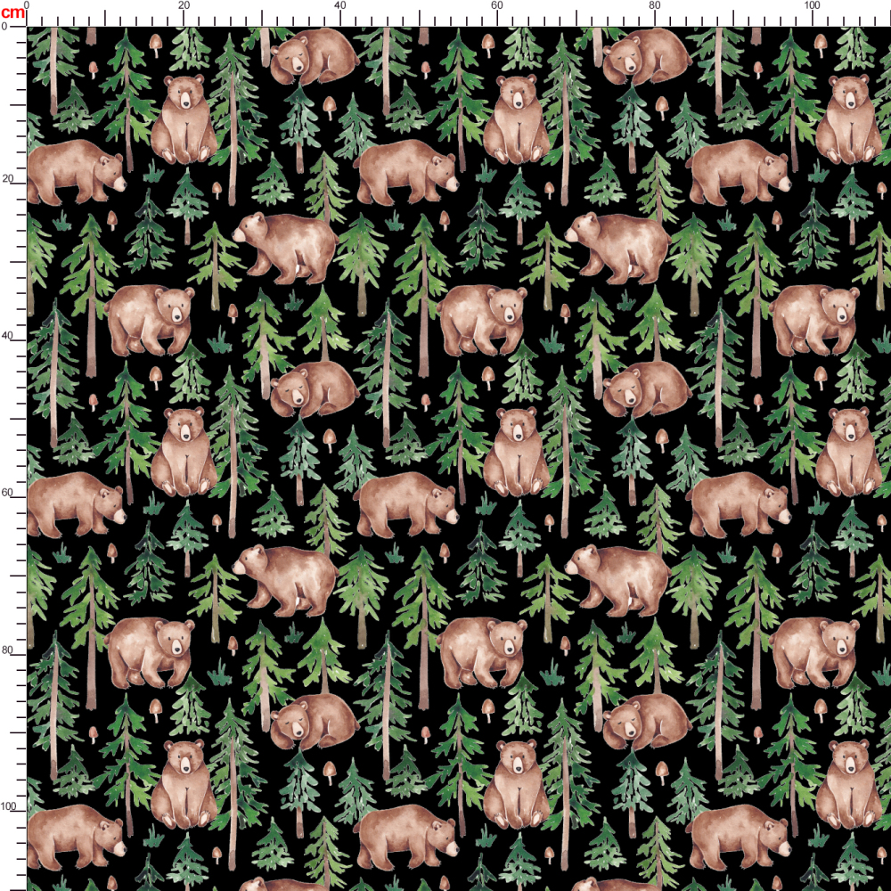 Watercolor Forest & Bears Seamless Pattern on Black Background | Custom Print Fabric - RABE005