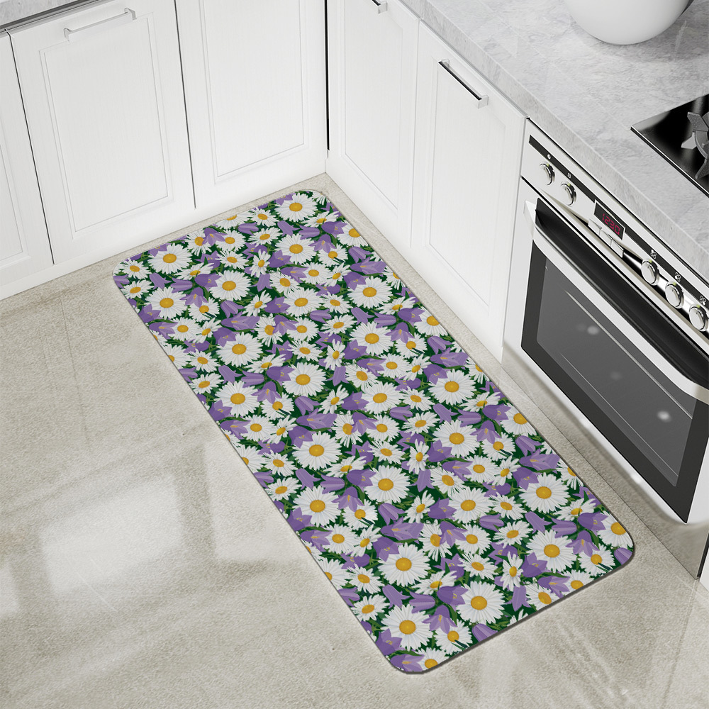 Kitchen Floor Mats – Serenity and Harmony Vintage White Daisies and Purple Flowers