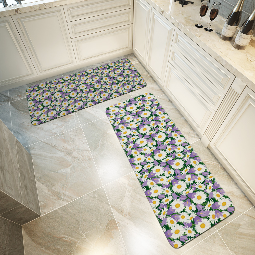 Kitchen Floor Mats – Serenity and Harmony Vintage White Daisies and Purple Flowers