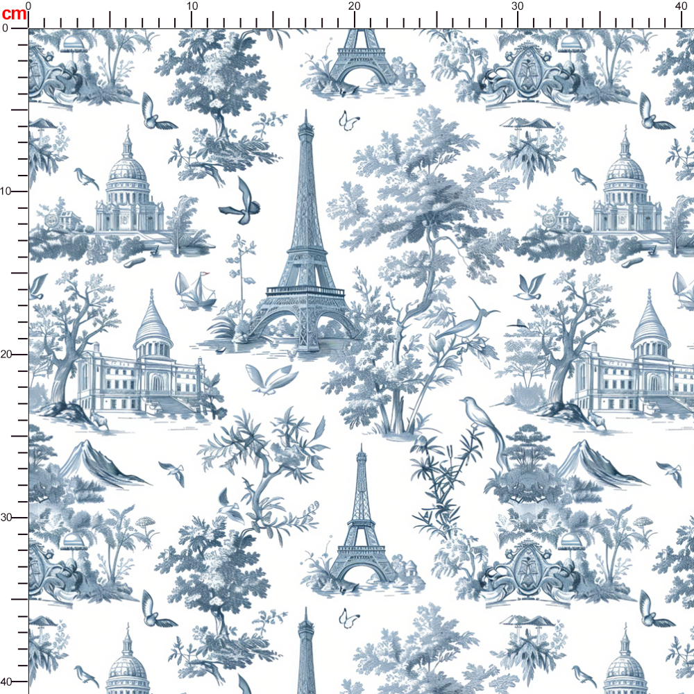 Vintage Gray - Blue Liberty Floral Print with Trees Flowers Birds and World Landmarks – Custom Print Fabric
