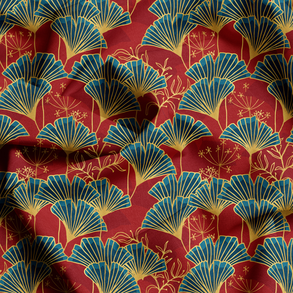 Blue Ginkgo Leaves with Gold Outline on Red Background , Custom Print Fabrics