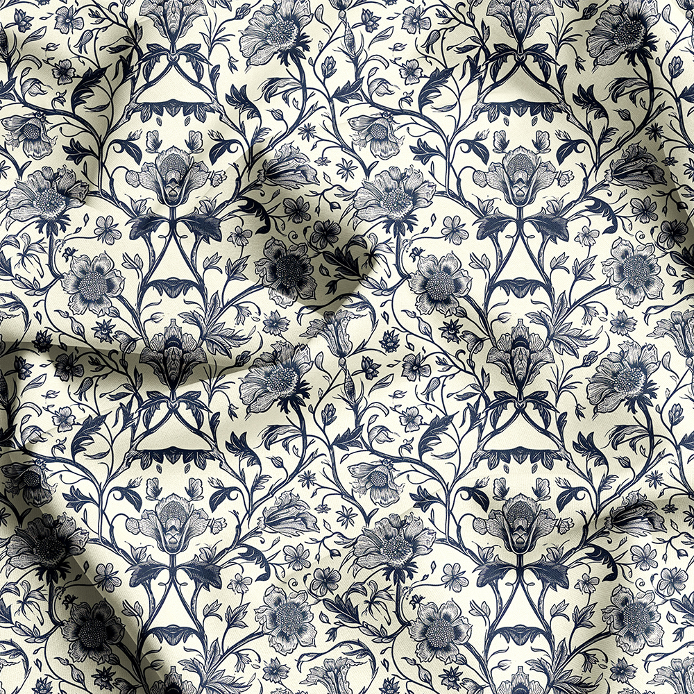 William Morris-Inspired Abstract Vintage Monochrome Flowers and Leaves Pattern Fabric – Custom Print Fabrics